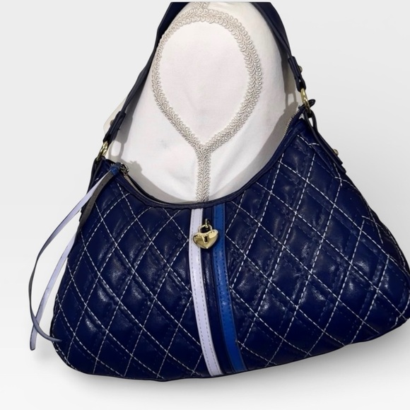 Victoria's Secret Handbags - Victoria’s Secret Quilted Navy Blue Shoulder Bag w/ Heart Charm Y2K Vintage